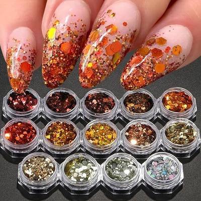 14 Boxes Hexagon Nails Glitter Sequins Gold Silver Brown Nails Glitter Flakes Design Holographic Mixed Color 3D Confetti Nail Sequins for Women