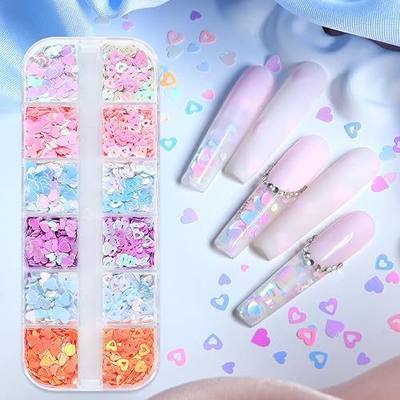 Romantic Valentines Nails Sequins Love Heart Nails Glitter Mermaid Color Valentines Nail Flakes Design Nail Charms Holographic Mixed Color 3D Confetti Love Heart Nail Glitter Sequins for Women