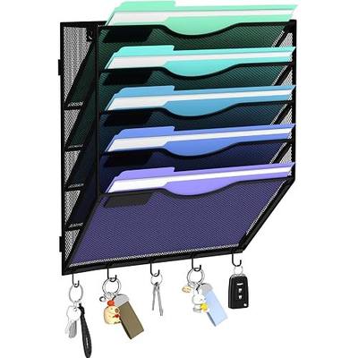 Gawerk Hanging Wall File Organizer with 5 Hooks - Wall Mounted Mail Paper Document Folder Holder, Sturdy Mesh Magazine Rack for Office Home (5 Tier)