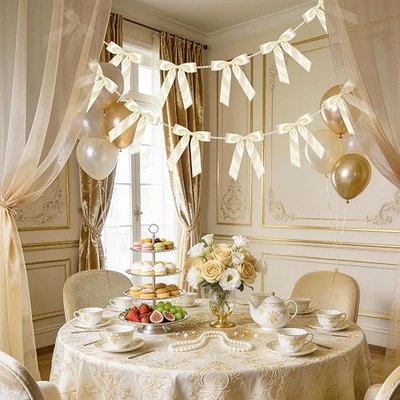 2 Strings White Bow Garland Banner, Pre-Strung Satin Ribbon with 6.5ft Pearl Chain for Bridal Shower, Wedding, Engagement, Bachelorette Party, Baby Shower, Graduation & Anniversary Decor