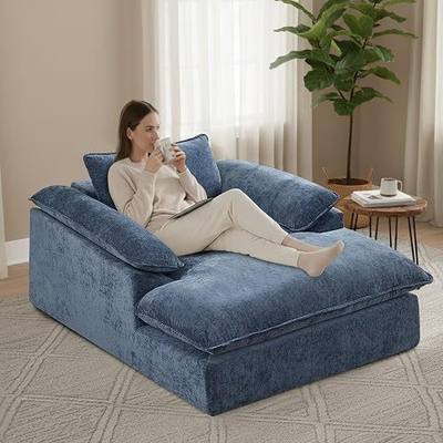 WUTUTUEE 57" Oversized Boneless Chaise Lounge Chair with Ottoman Indoor, Comfy Chenille Upholstered Sofa Bed with Armrest, No Assembly Deep Seat Sleeper Armchairs Couch for Living Room, Bedroom, Blue