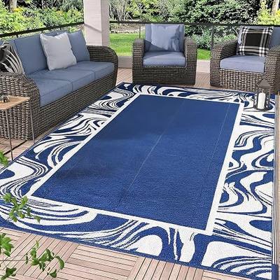 Garvee Outdoor Rug 5x8 Modern Bordered Camping Rug Foldable Plastic Straw Rugs Waterproof Abstract Reversible Large Outdoor Carpet for Patio, RV, Deck, Balcony, Backyard, Picnic, Beach, Clover,Navy