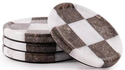 Marble Coasters Set of 4, White & Oceanic Handmade 4 inch Round Stone Coaster, Drink Checkered Coaster Plates for Coffee Table, Stylish Bar Accessories & Modern Home Décor