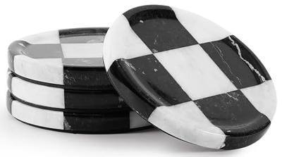 Marble Coasters Set of 4, Zebra Black & White Handmade 4 inch Round Checkered Stone Coaster, Drink Coaster Plates for Living Room, Trendy Office Desk Accessories & Home Décor