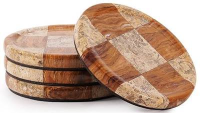 Marble Coasters Set of 4, Coral & Red Handmade 4 inch Round Natural Marble Coaster, Elegant Drink Checkered Coaster Plates for Coffee Table, Stylish Bar Accessories & Home Décor