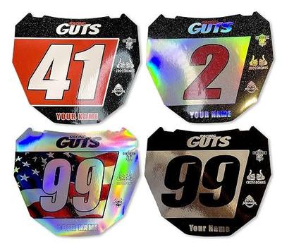 Custom ODI DH Size EBike Number Plate Sticker Decal Racing Guts Design – Personalized with Name & Number – Multicolor Eye-Catching Design for Surron in Holographic Chrome or White Vinyl.
