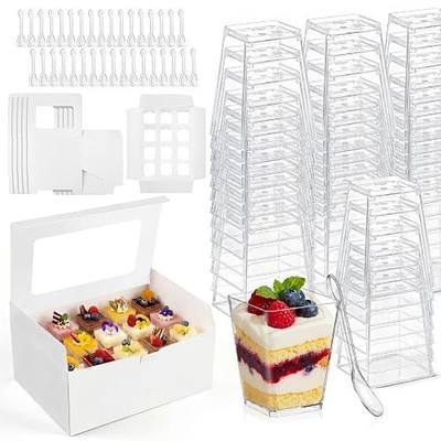 125 Pcs 5oz 12 Count Dessert Shooter Boxes and Shooters Cups Set, 60 Sets Plastic Yogurt Parfaits Cups with Spoons, 5 Dessert Holder Box, Cupcake Carrier, Birthday Holiday Party Supply