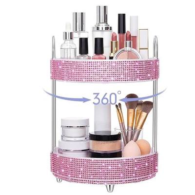 Honeydak 360 Rotating Perfume Organizer Gift for Women, Rhinestone Preppy Skincare Organizer Bathroom Counter Makeup Holder Skincare and Perfume Storage for Cosmetic(2 Tiers,Resin Diamond,Pink)
