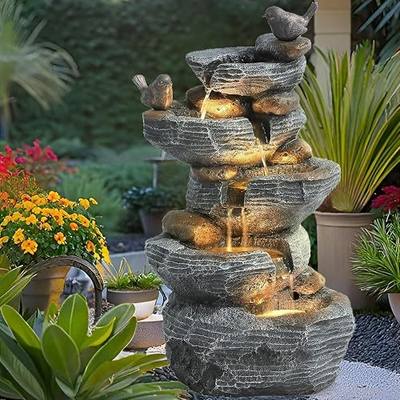 Water Fountain Outdoor with Bird, Modern Water Feature with LED Lights, 5-Tier Cascading Resin Waterfall Fountain, 26" Garden Fountains for Yard, Deck, Patio, Porch