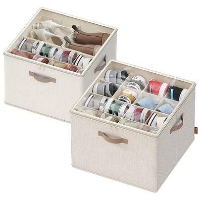 SONGMICS Shoe Organizer for Closet, Fabric Shoe Organizer Box with Adjustable Dividers, Storage Compartments, Stackable, Transparent Lid, for up to 16 Pairs, Set of 2, Cappuccino Beige ULSP622LH01