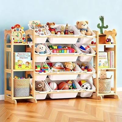 Toy Storage Organizer with 6 Shelves and 12 Bins, Toy Organizers and Storage Shelf with Bookshelf and Bookcase, Toys Box for Kids Room & Playroom & Bedroom & Nursery