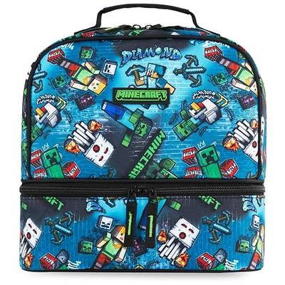 Get Trend Minecraft Kids Reusable Insulated Lunch Bag, Lightweight Dual Compartment Cooler Bag with Handle, Fits Kids Lunch Box for School, Picnic, Creeper Gamer Gifts for Boys (Blue)