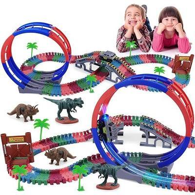 Race Tracks Dinosaur Toys for Kids 3-5, Glow in The Dark Magic Toy Set | 144 PCS Flexible DIY Track Set, Birthday Gift for Age 3-9 Boys Toddler Girls,Create a Dinosaur Adventure World