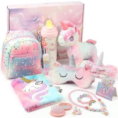 Unicorn Toys Gifts for Girls 4 5 6 7 8 9 10Years Old with Plush Toy Backpack 316 Stainless Steel Water Bottle Jewelry (Necklace Bracelet) Diary with Lock for Girls Sleep Mask Hair Accessories
