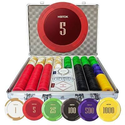 HEITOK 500 pcs Poker Chips Set 14g Clay Composite Denominations Travel Case | For 2-10 players: numbered values, 2 card decks, 5 dice, dealer and blind buttons for Blackjack, Omaha and home game nights