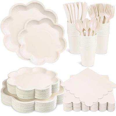 350 Pcs Ivory Paper Plates and Napkins Set, Tableware Set for 50 Guests Include Disposable Ivory Scalloped Plates, Napkins, Cups, Knives, Forks & Spoons for Baby Shower Wedding Bridal Shower Birthday