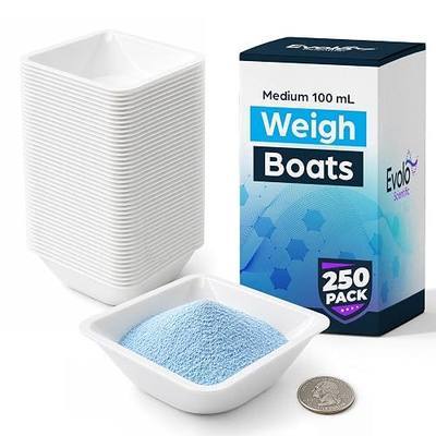 Weigh Boats Medium (100mL, 250 Pack) - Easy Pour, Anti-Static Disposable Weighing Dishes Polystyrene Lab Dish Counting Tray for Powder Scale, Liquid, Food Samples, Cultures, Pharmaceutical Reagents