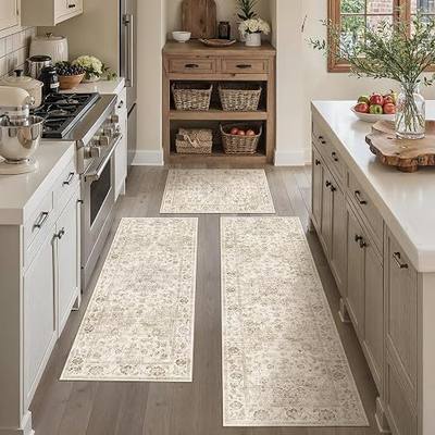 Washable Neutral Beige Kitchen Runner Rug Set of 3 | Non Slip, Farmhouse Vintage, for Floor Bathroom Entryway Indoor Hallway Sink Decor 20"x32"+20"x48"+20"x59"