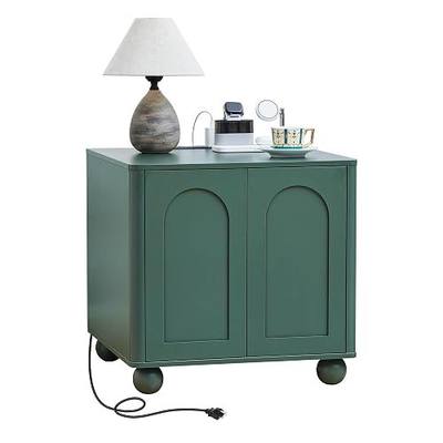 Bed Side Table with Charging Station, Mid Century Modern Nightstand with 2 Doors, Square End Table with Storage for Couch,Living Room,Small Spaces, Sofa Side Table for Office,Dorm - Green