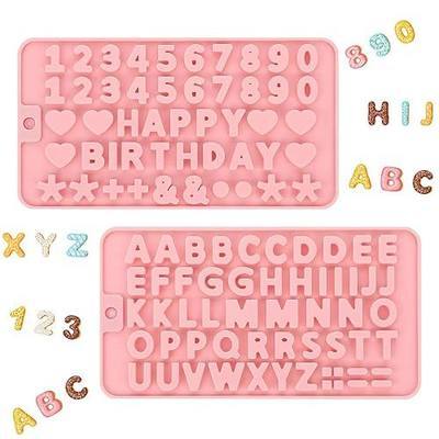 2PCS Silicone Molds for Chocolate,Number Letter Molds,Reusable Candy Molds with Happy Birthday Decorating Symbols,Mini Size Alphabet Decorating for Birthday Cake Lollipop Fondant Chocolate (Pink)