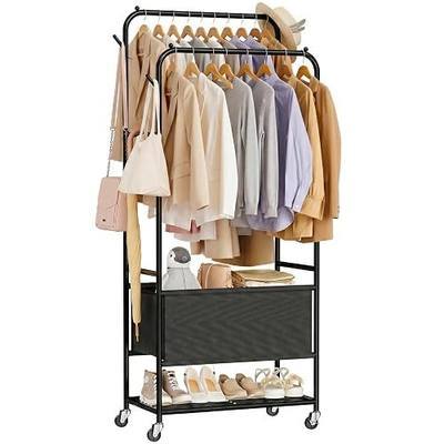 Laundry Cart with Wheels and Hanging Rack, Heavy Duty Rolling Clothes Rack with Bottom Basket and Double Rod, Black