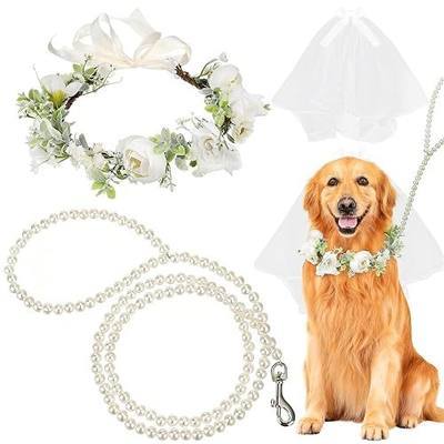 Dog Wedding Flower Collar, Pearl Leash & Veil Outfit Set | Handmade Floral dog wedding collar and dog wedding outfit, Adjustable Wreath & Beaded Leash, Perfect Pet Wedding Prop