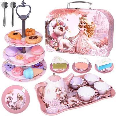 Unicorn Tea Party Set for Girls, Pretend Play Toy with Pink Tin Teapot, 4 Cups & Plates, Portable Carrying Case, Educational Gift for Toddlers Ages 3 4 5 6 7 (Swn)