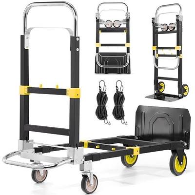 3-in-1 Convertible Hand Truck, Heavy Duty 600LBS Folding Dolly Cart | Foldable Cart with Expandable Base, Silent Rubber Wheels, Telescopic Handle & Bungee Cords for Warehouse, Office (Yellow)