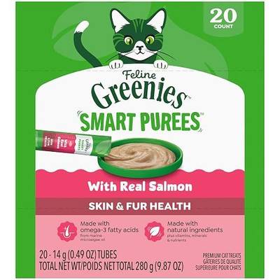 Greenies Feline Smart Purees Skin & Fur Health Lickable Cat Treats with Real Salmon, 0.49 oz. Tubes, 20 Count | Grain-free, Omega-3 from marine microalgae oil, real salmon protein, no carrageenan, moisture-rich, nutritionally complete