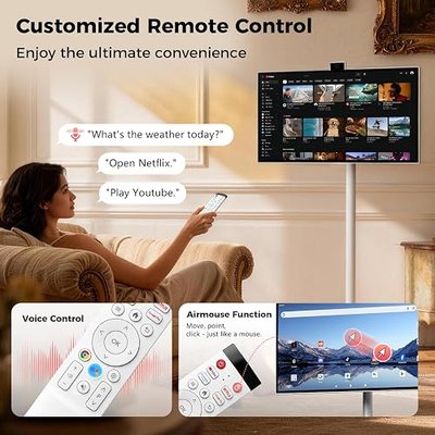 27" Portable Smart Touchscreen Tablet TV on Wheels, Android 15 OS Mobile Smart Display with Google EDLA Certification, 6GB+128GB, Built-in Battery, 4K Camera, Wireless Casting, Rotating Rolling Stand