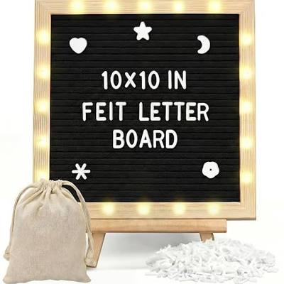 10x 10 Inch Changeable Felt Letter Board with LED Lights, Message Custom Felt Letter Board with Wooden Stand and 300 Letters for Pregnancy Announcement Classroom Decor Poster (Black)