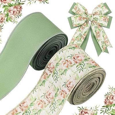 2 Roll 20 Yards Sage Green Floral Wired Edge Ribbon Watercolor Greenery Floral Fabric Ribbon for Spring Summer Wreath Bow Making DIY Crafts Wrapping Party (Green)