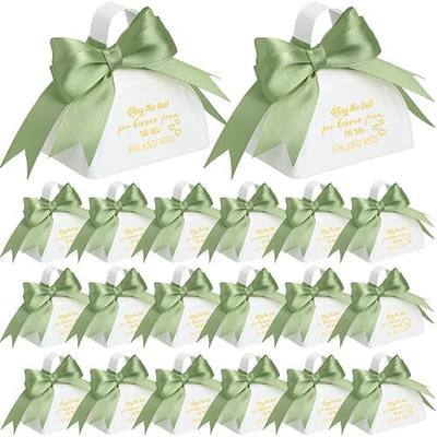 Boao 20 Pcs White Metal Cowbell for Wedding Favors, Ring the Bell for Kisses Noise Makers with Handle & 1 Roll Green Ribbon Small Loud Cheering Bells for Bridal Shower Sporting Events, 3x2.8x2.5"