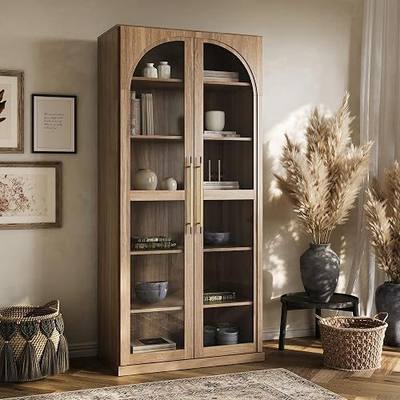 BELLEZE 67" Jagger Glass Display Cabinet - Camel | 6-Tier,Wood Curio Cabinet,Adjustable Shelf,Trophy Showcase,Modern,Living Room Dining Room Entryway