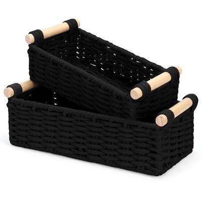 Boho Cotton Rope Storage Baskets Set of 2, Woven Wicker Organizer Bins with Wooden Handles, Small Decorative Boxes for Organizing, Toilet Paper Baskets for Bathroom Countertop, Shelves (Black 2 Pack)
