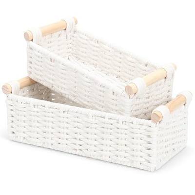 Boho Cotton Rope Storage Baskets Set of 2, Woven Wicker Organizer Bins with Wooden Handles, Small Decorative Boxes for Organizing, Toilet Paper Baskets for Bathroom Countertop, Shelves (White 2 Pack)