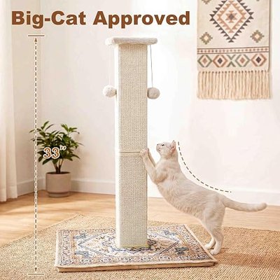 Tall Cat Scratching Post for Indoor Cats Adults, 33'' Large Cat Scratch Post with Perch, Cute Cat Scratching Post with Boho Carpet & Dangling Ball Toys, White