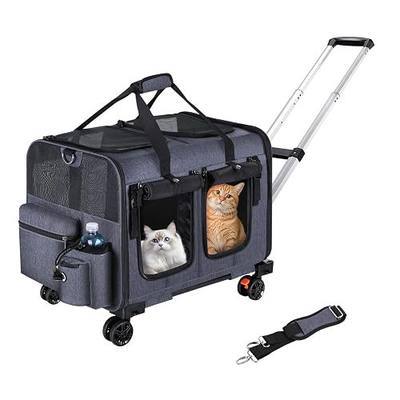 Cat Carrier for 2 Cats,Cat Carrier with Wheels for Cats and Dogs, Foldable Double Pet Carrier, Rolling Dog Carrier with Detachable Wheels and Telescopic Handle,2 Front Zippered Compartments Gray
