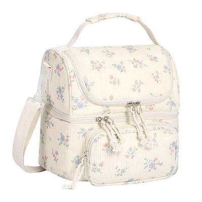 HowFly Lunch Bag for Women Insulated Lunch Boxes Corduroy Resuable Double Deck Lunch Box for Girls Teens Kigs Boys Portable Thermal Cooler Bags for School Work, Purple Floral