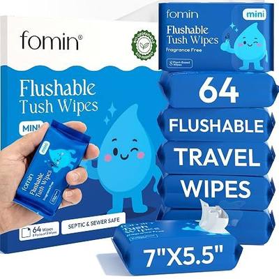 Fomin Compact Travel Flushable Wipes 8 Pack (64 Wipes Total) - Unscented Travel Size Wet Wipes for Adults - pH Balanced, Biodegradable, Plant-Based - Hypoallergenic Tush Wipes for Women & Men
