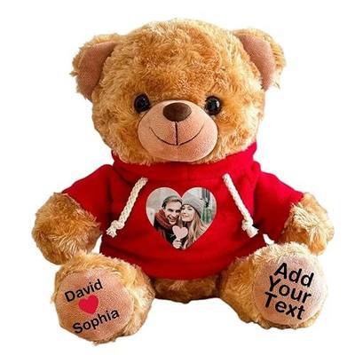 Personalized Bear Stuffed Animal with Picture Text Date, 11 Inch Customized Teddy Bear Plush Toys, Gift for Girlfriend, Boyfriend, Birthday, Anniversary, Valentines (Red Hoodie