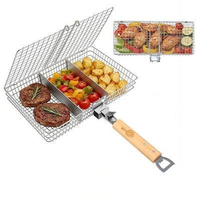 WILLBBQ Grill Basket Set for Camping Outdoor BBQ, Includes 2 Sizes, Removable Divider, Basting Brush, Folding Portable Wooden Handles, Stainless Steel Fish Grilling Veggie Meat Baskets (Silver)