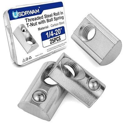 1/4-20 Roll in T Nut with Ball Spring, Carbon Steel Spring Loaded T Slot Nut Compatible with 8020 10 Series Aluminum Extrusion Rails 25PCS