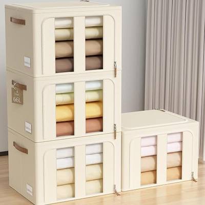 Clothes Storage Bins with Metal Frame, 4-Pack foldable storage bins with Lid, Closet Organizer for Sweaters, Blankets, and Winter Clothes,66L