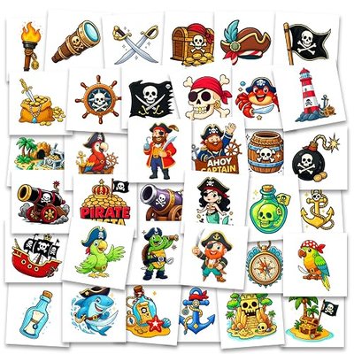 Ozepao 100 Pcs Pirate Temporary Tattoos for Kids,(2'' x 2'')Individually Wrapped Tattoos, Pirate Ship Nautical Themed Birthday Decorations, Party Favors Supplies