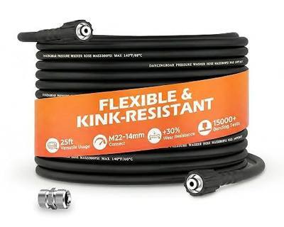 3300 PSI Pressure Washer Hose 25FT 1/4" with M22-14mm Fitting | Wear & Kink Resistant Power Washer Hose with Extension Connector, High Pressure Replacement Hose for Gas and Electric Washers