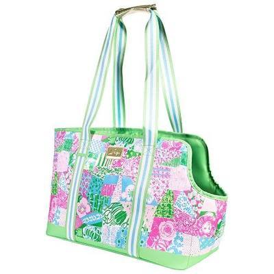 Lilly Pulitzer Small Pet Carrier 60lb Capacity, Crazy Quilt Home | Soft Sided with Removable Padded Insert, Shoulder Straps, Open-Top with Gold Buckle Closure & Safety Clip & Exterior Pocket