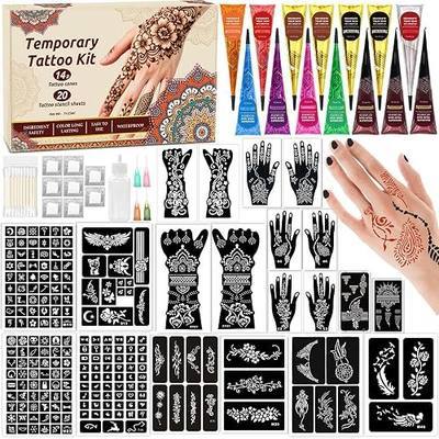 Temporary Tattoo Kit with 20 Sheets Stencils, 14 Ink Colors & Accessories | DIY Body Art Set with Mixing Bottles, Cotton Swabs and Gloves for Festivals, Parties, Makeup and Creative Designs