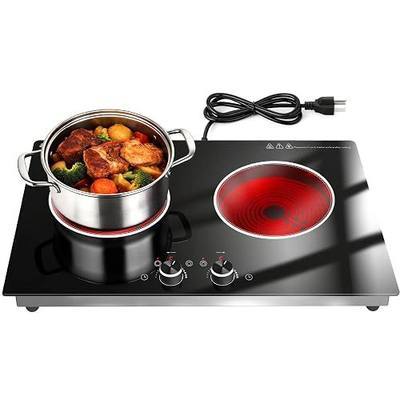 2 Burner Electric Cooktop 24 Inch, 1800W Electric Stove 110V, Knob Control | Radiant Electric Cooktop Two Burner, Countertop & Built-in Stove, Ceramic, 9 Level Power, Multi-Ring Control, Timer, Plug-in