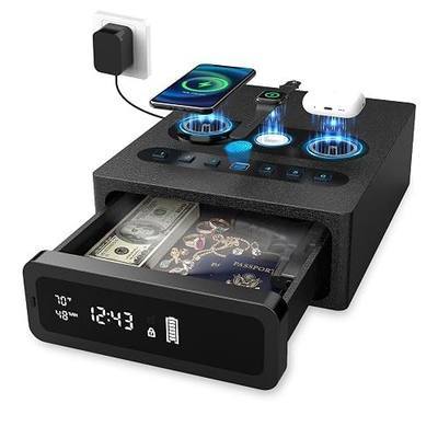 Biometric Gun Safe for Handgun | 0.1S Fingerprint Safe with 3-in-1 Wireless Charging Station, LED Display & Silent Mode, Bedside Pistol Safe for Home Defense, Gift for Gun Owners